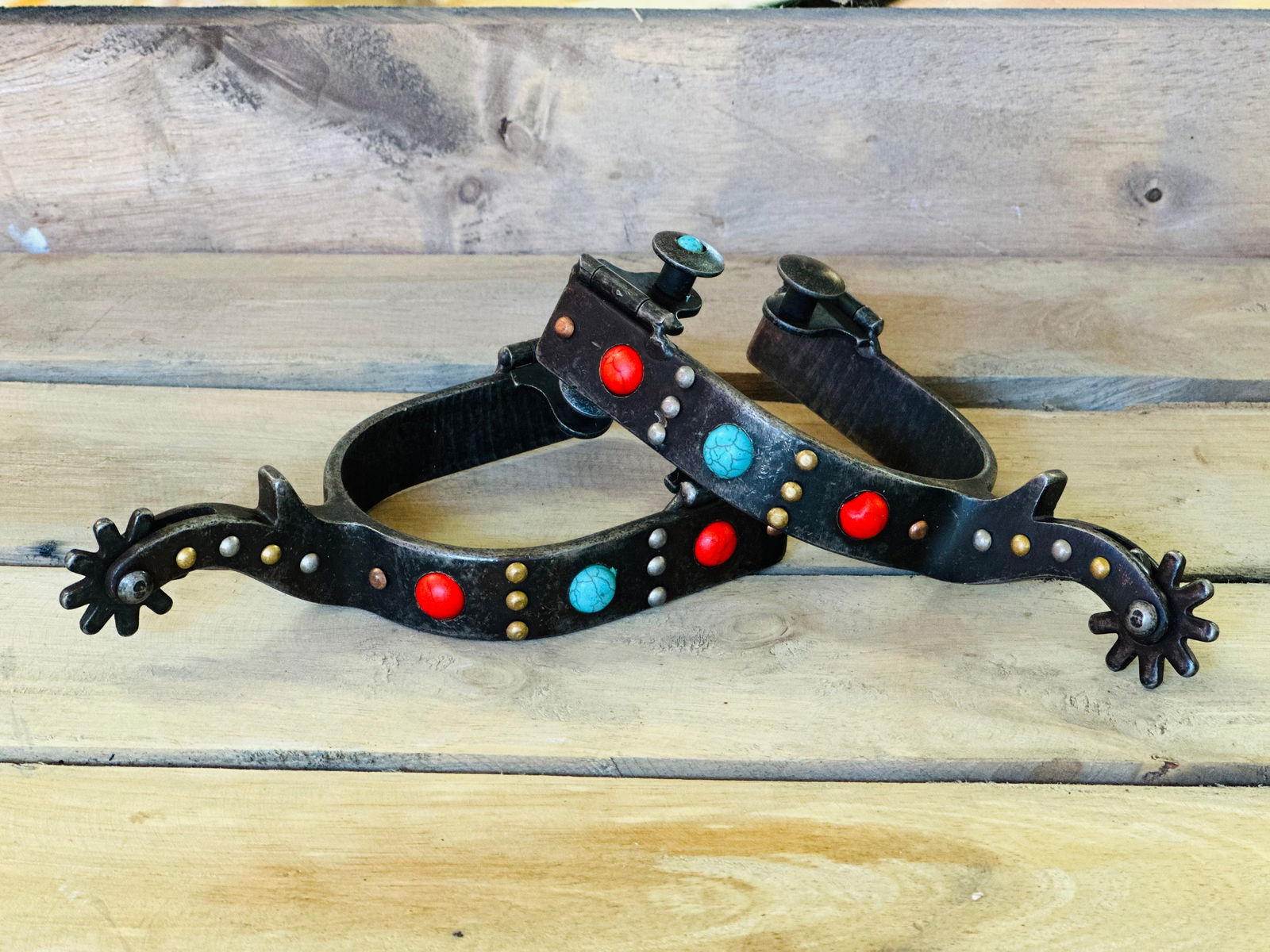 Antique Grey Steel Spur With Red & Teal Marble Studs - Spurs & Spur Straps - Dustybutts Australia