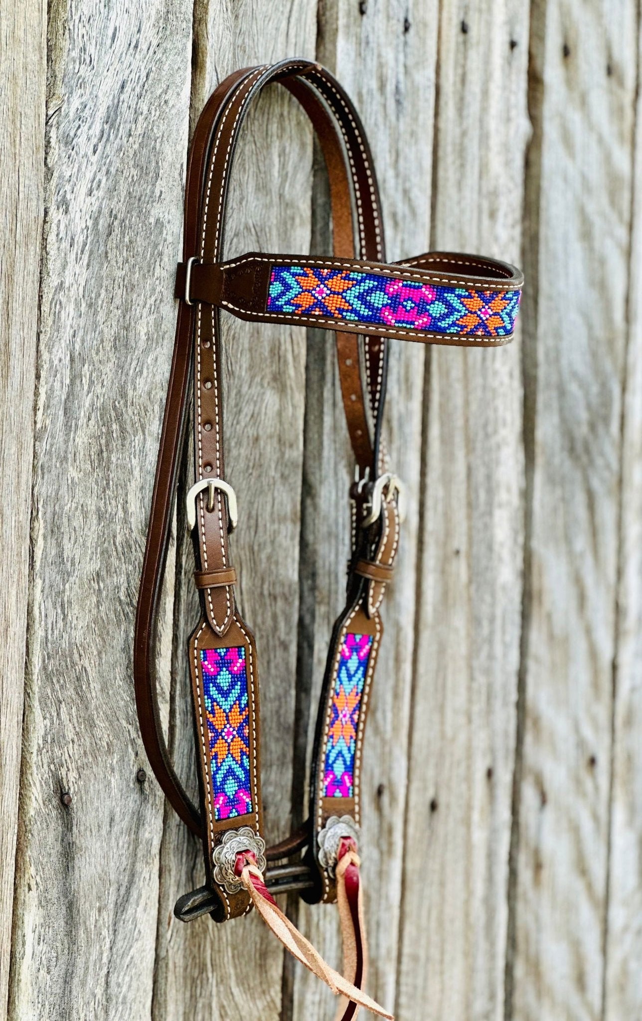 Argentina Leather Browband Bridle with Beaded Inlay // Pink, Orange, Blue & Turquoise - Dustybutts Australia