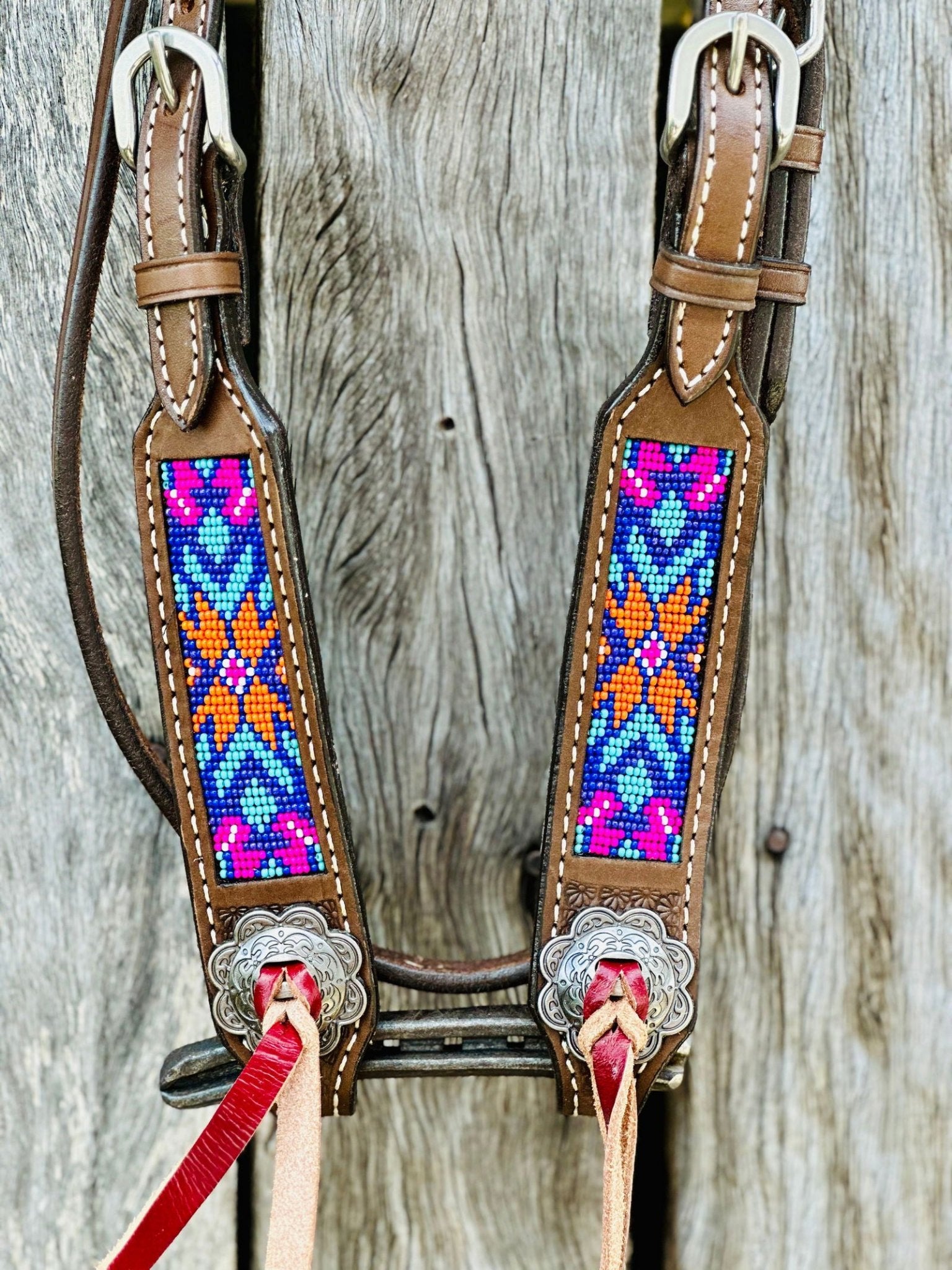 Argentina Leather Browband Bridle with Beaded Inlay // Pink, Orange, Blue & Turquoise - Dustybutts Australia
