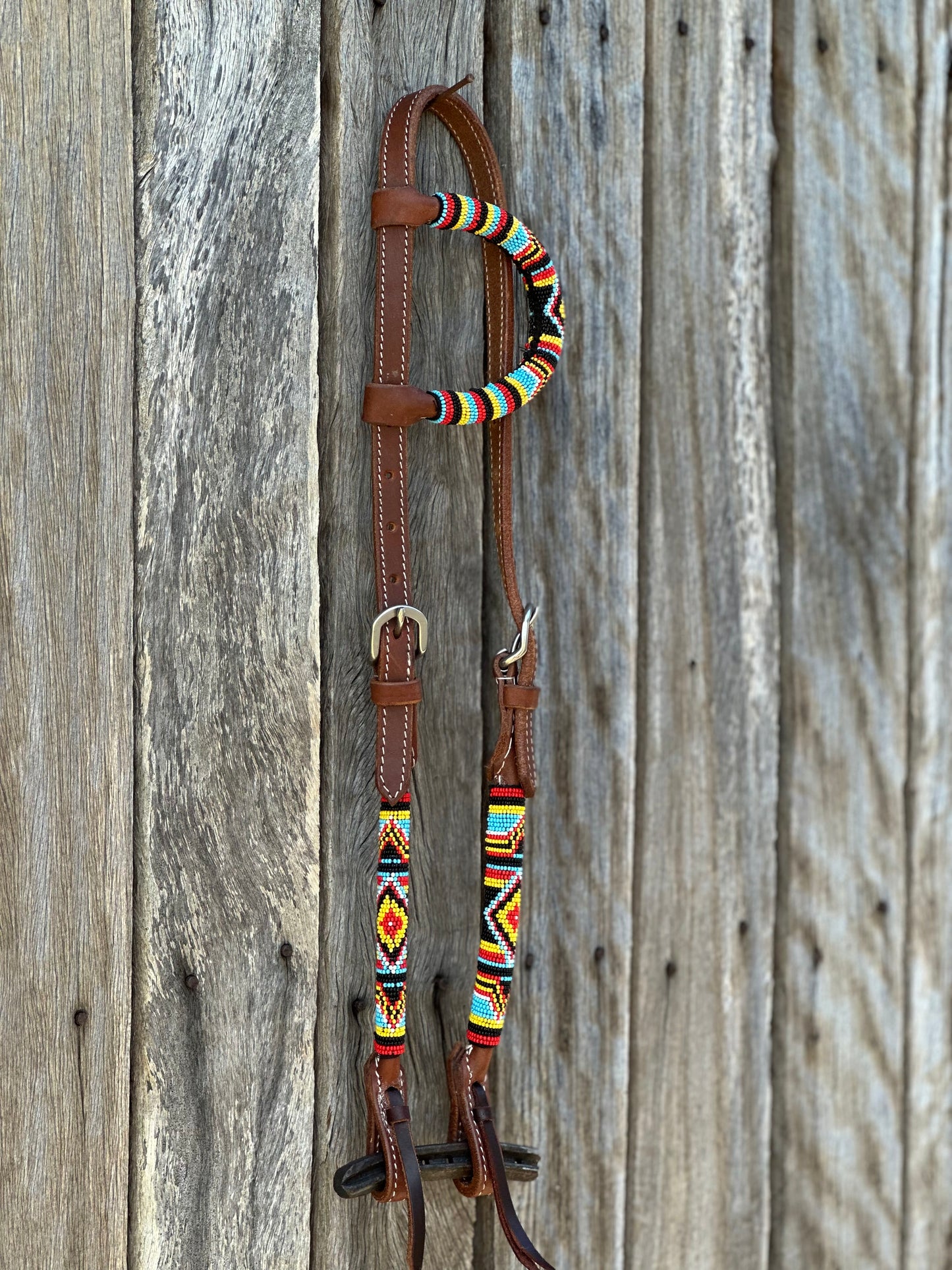 Harness Leather One Eared Beaded Bridle With Southwest Design