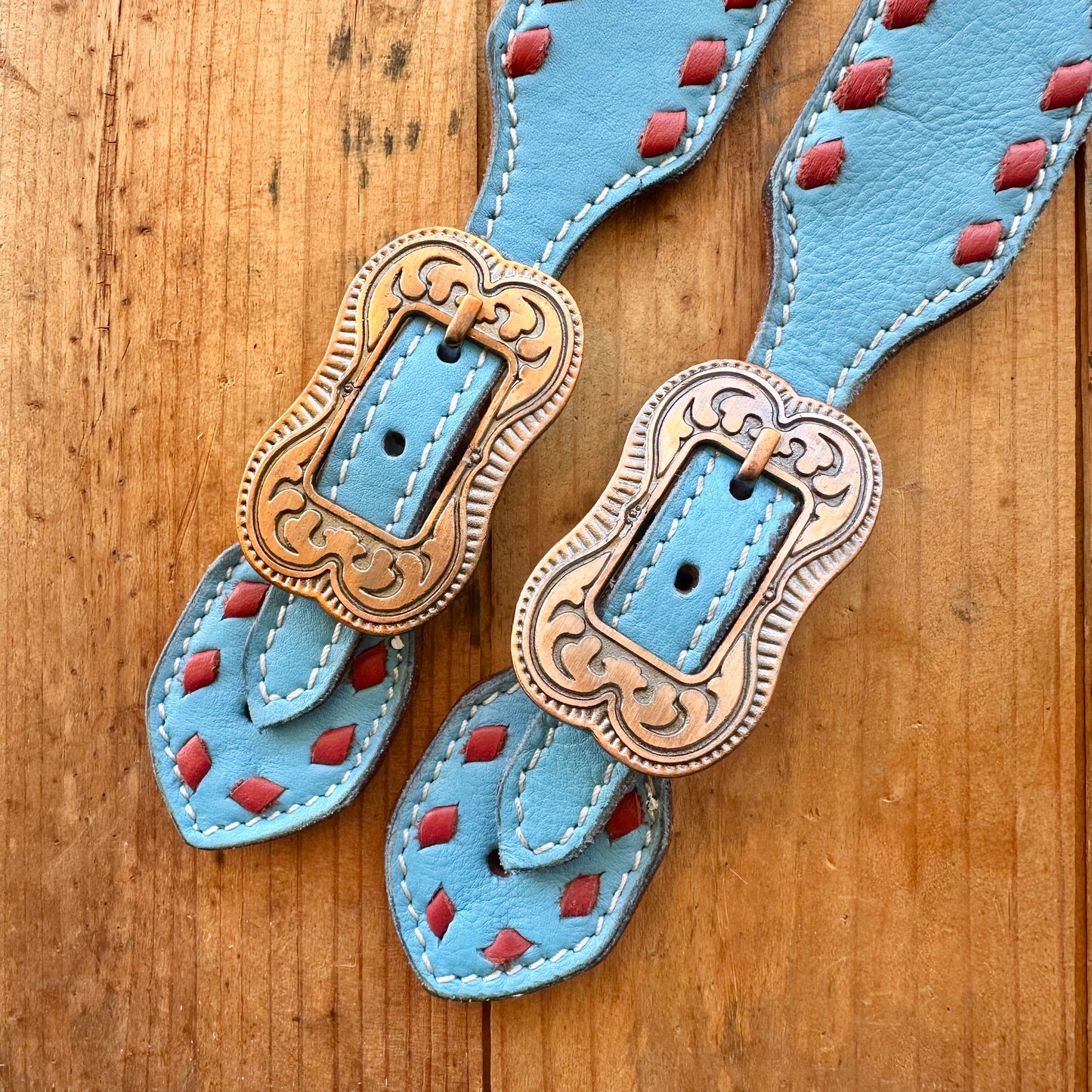 Turquoise Leather Spur Straps With Red Buckstitch