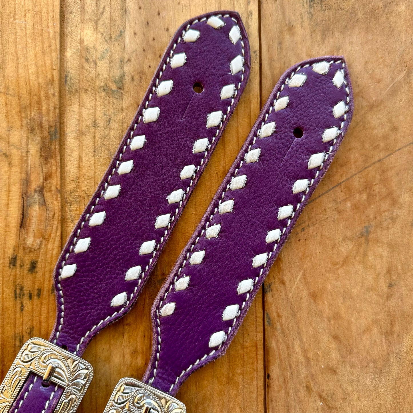 Purple Leather Spur Straps With White Buckstitch