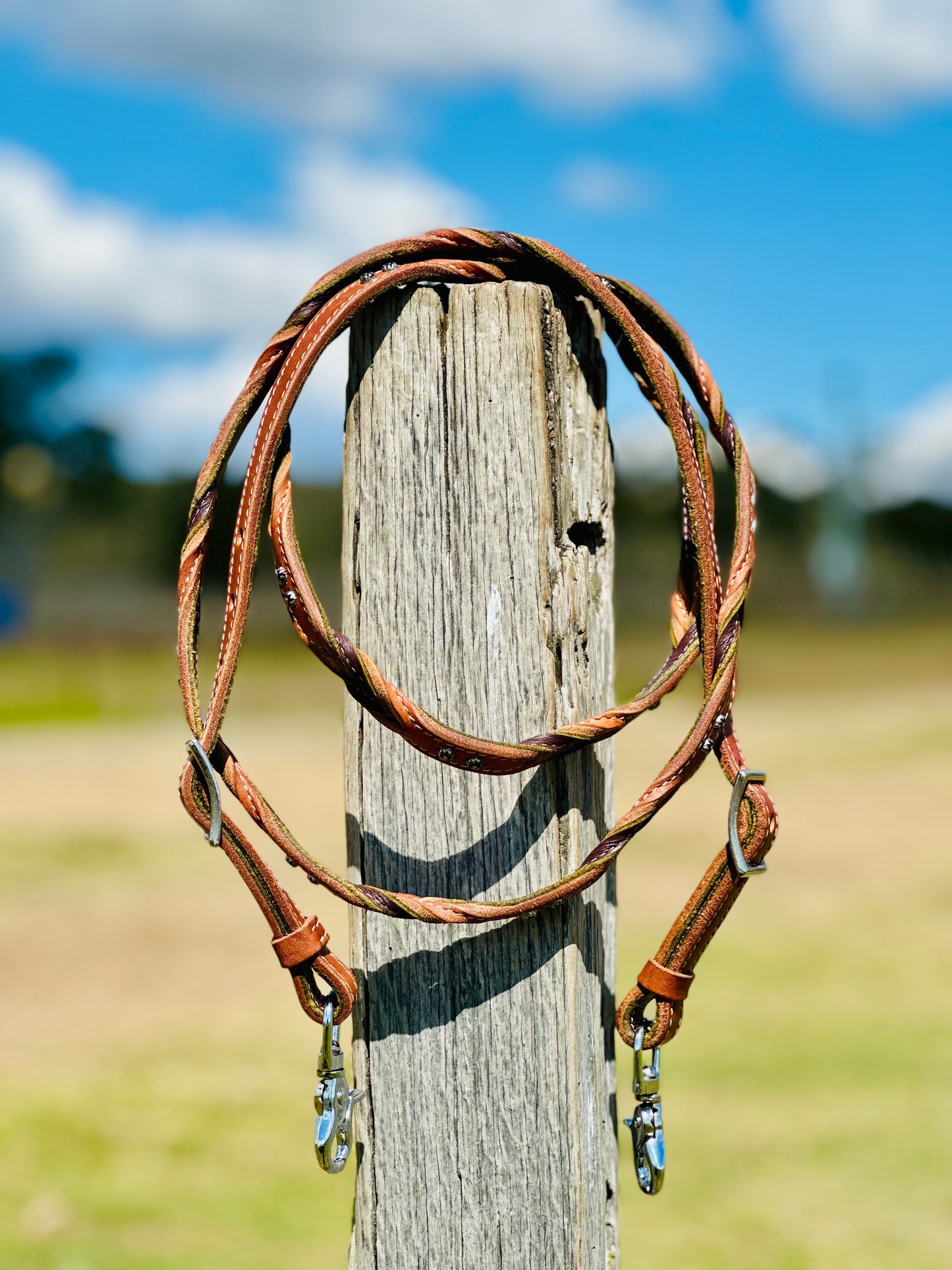 Dustybutts Harness Leather Bloodknot Barrel / Roping Reins With Sunspot Studs