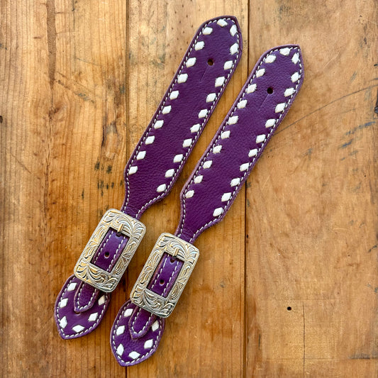 Purple Leather Spur Straps With White Buckstitch