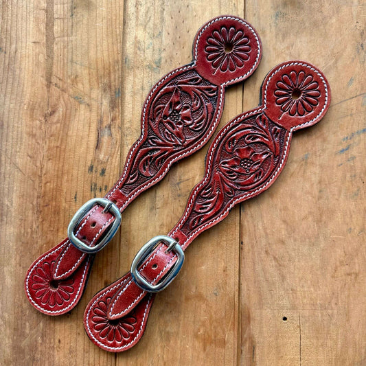 Burgundy Leather Floral Tooled Spur Straps