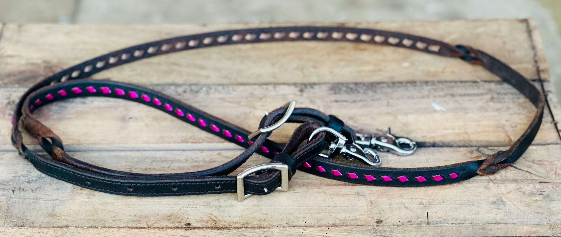 dustybutts-harness-leather-buckstitch-and-bloodknot-barrel-racing-reins---metallic-pink-reins---dustybutts-australia-35929655