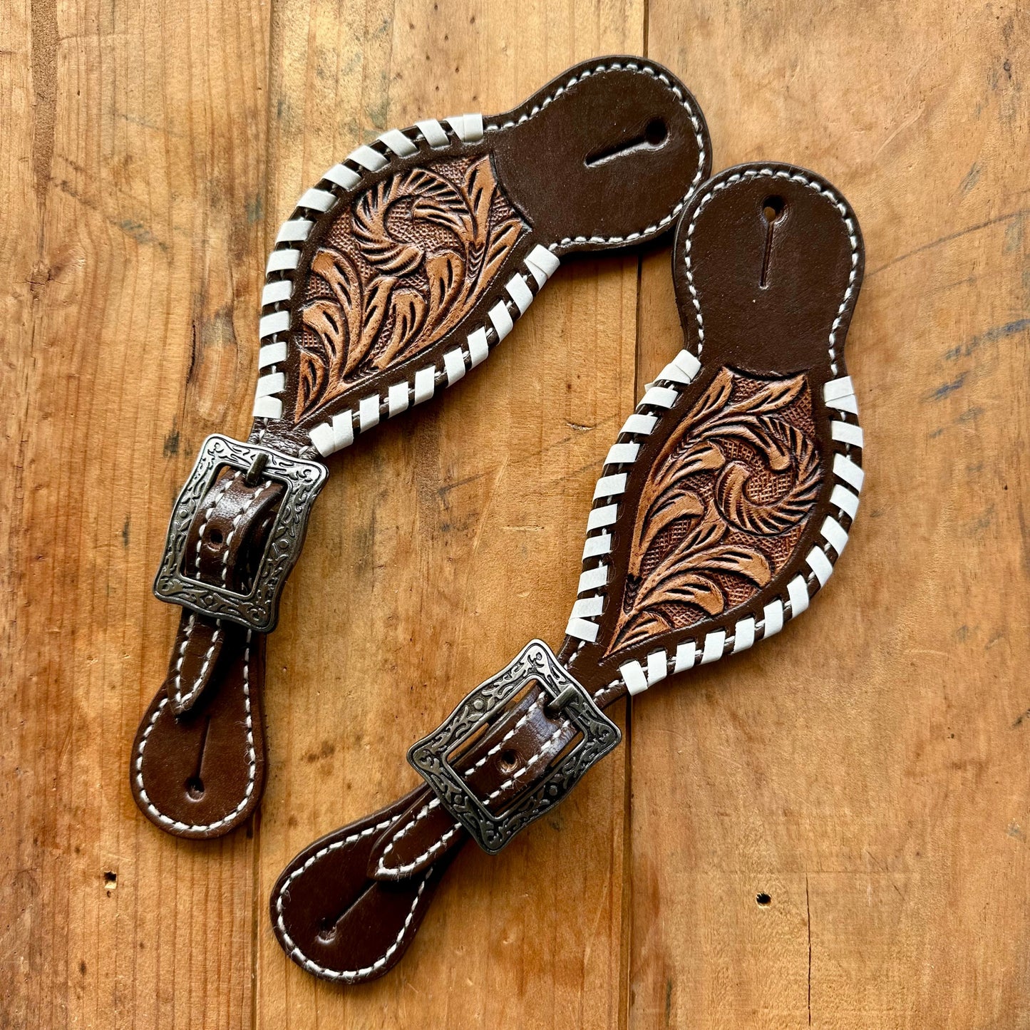 Ladies Leather Spur Strap With Tooled Leather & Rawhide Whip Stitch Edges