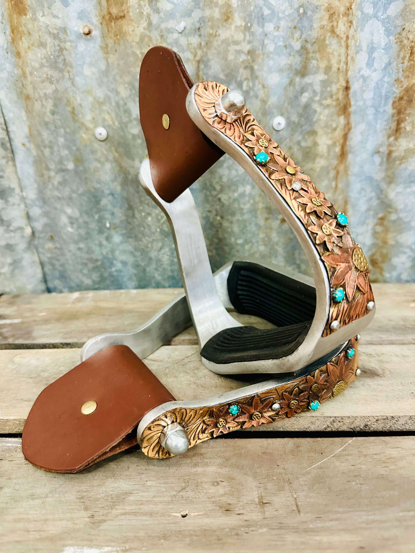 aluminium-copper-flower-stirrups-with-turquoise-stones-stirrups---dustybutts-australia-35929605
