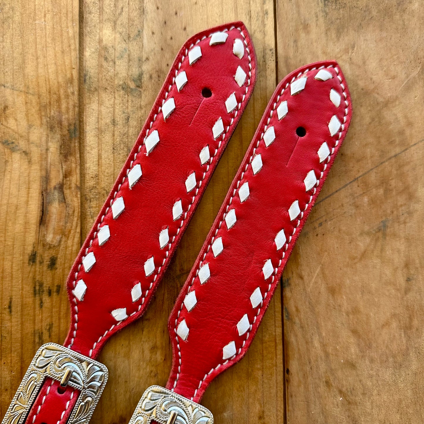 Red Leather Spur Straps With White Buckstitch