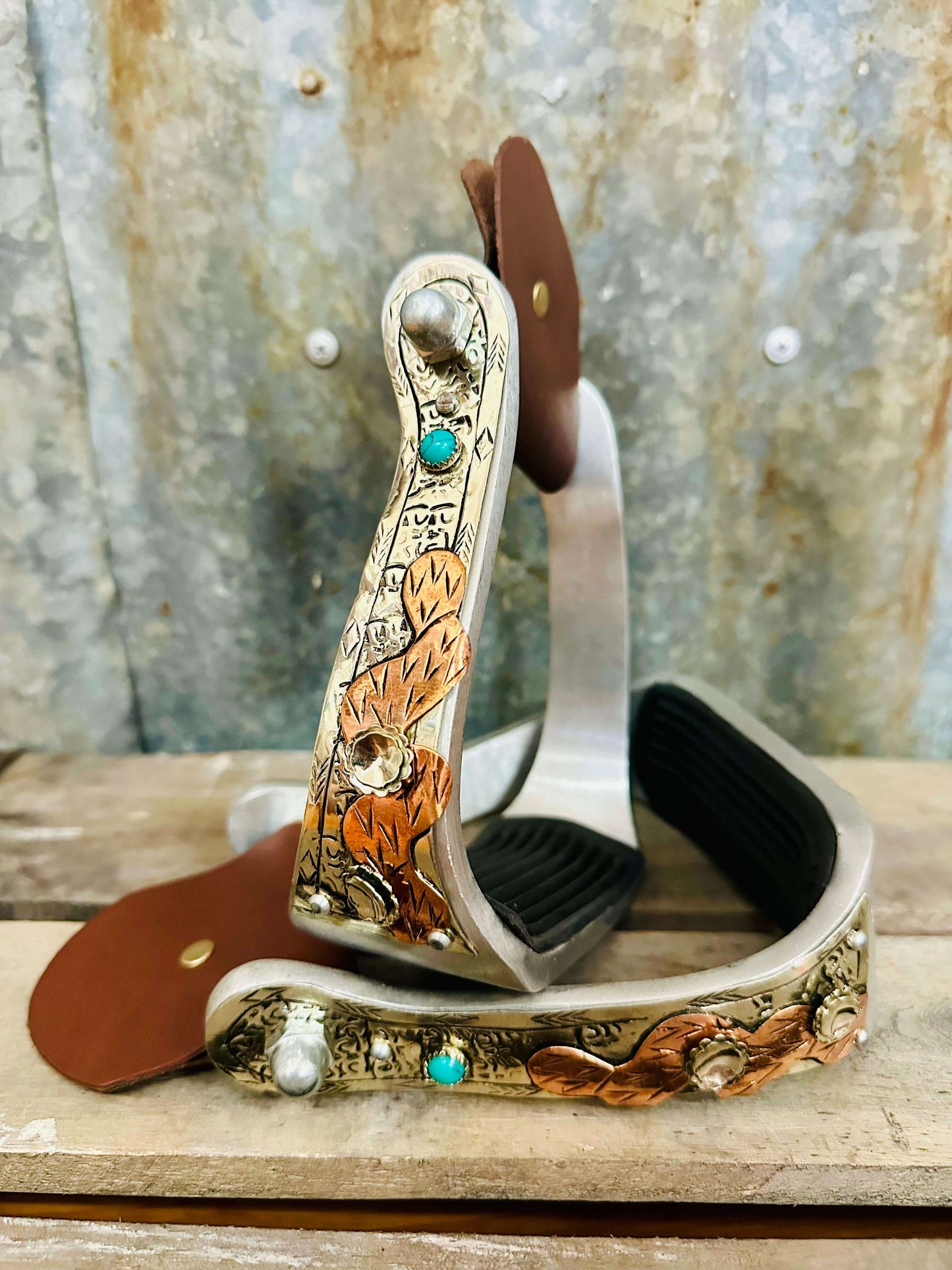 aluminium-copper-cactus-stirrups-with-turquoise-stones-stirrups---dustybutts-australia-35929600