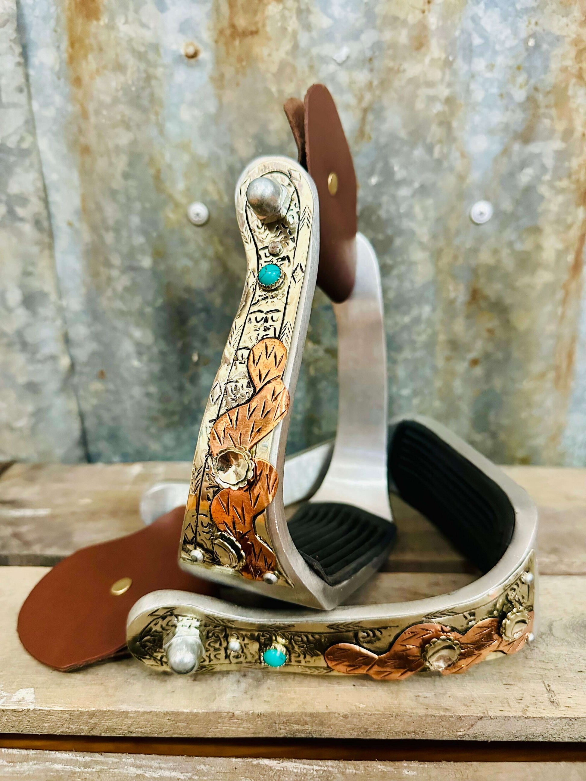 aluminium-copper-cactus-stirrups-with-turquoise-stones-stirrups---dustybutts-australia-35929600
