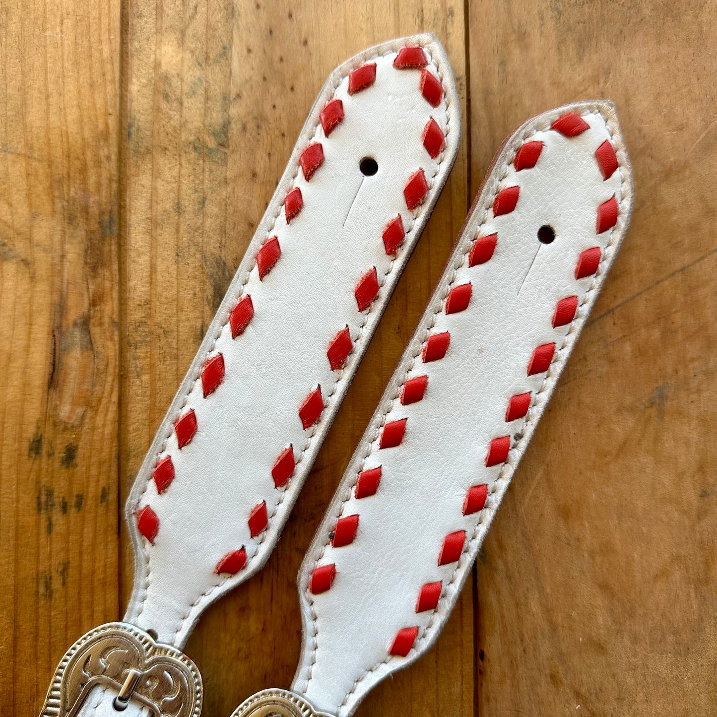 White Leather Spur Straps With Red Buckstitch