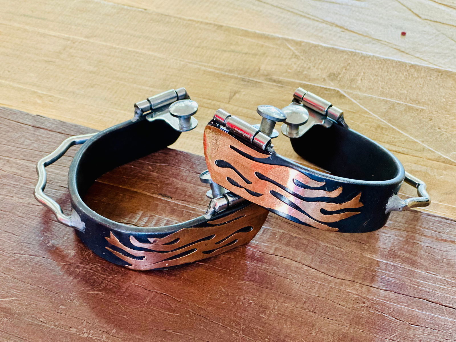 Black Steel Bumper Spurs with Copper Flame Overlay - Dustybutts Australia