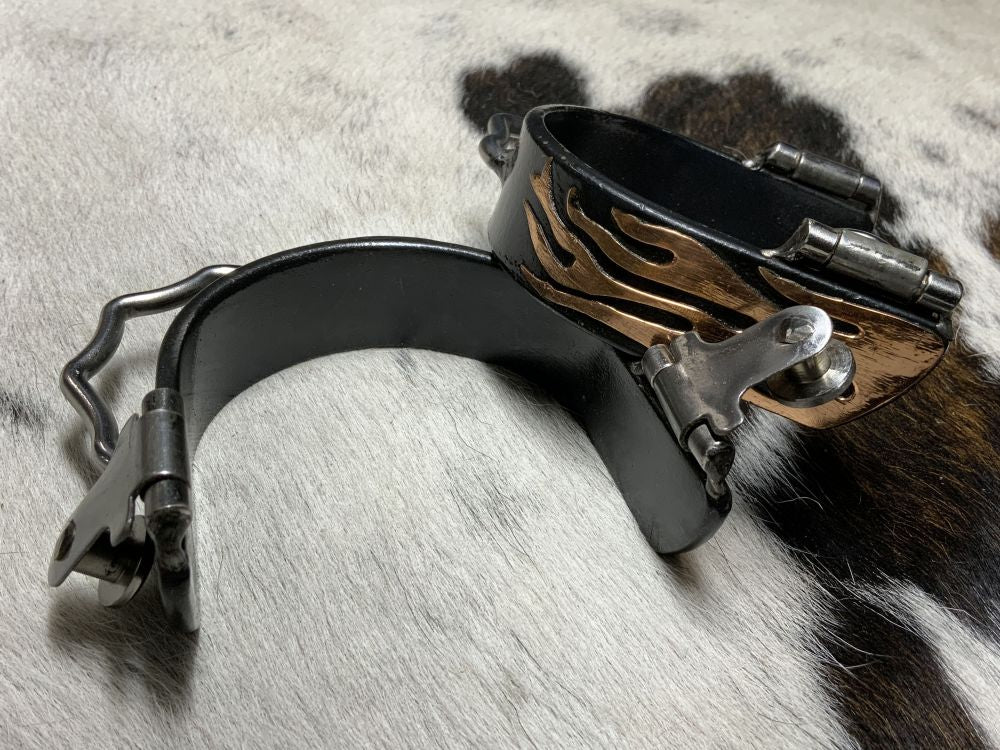 Black Steel Bumper Spurs with Copper Flame Overlay - Dustybutts Australia