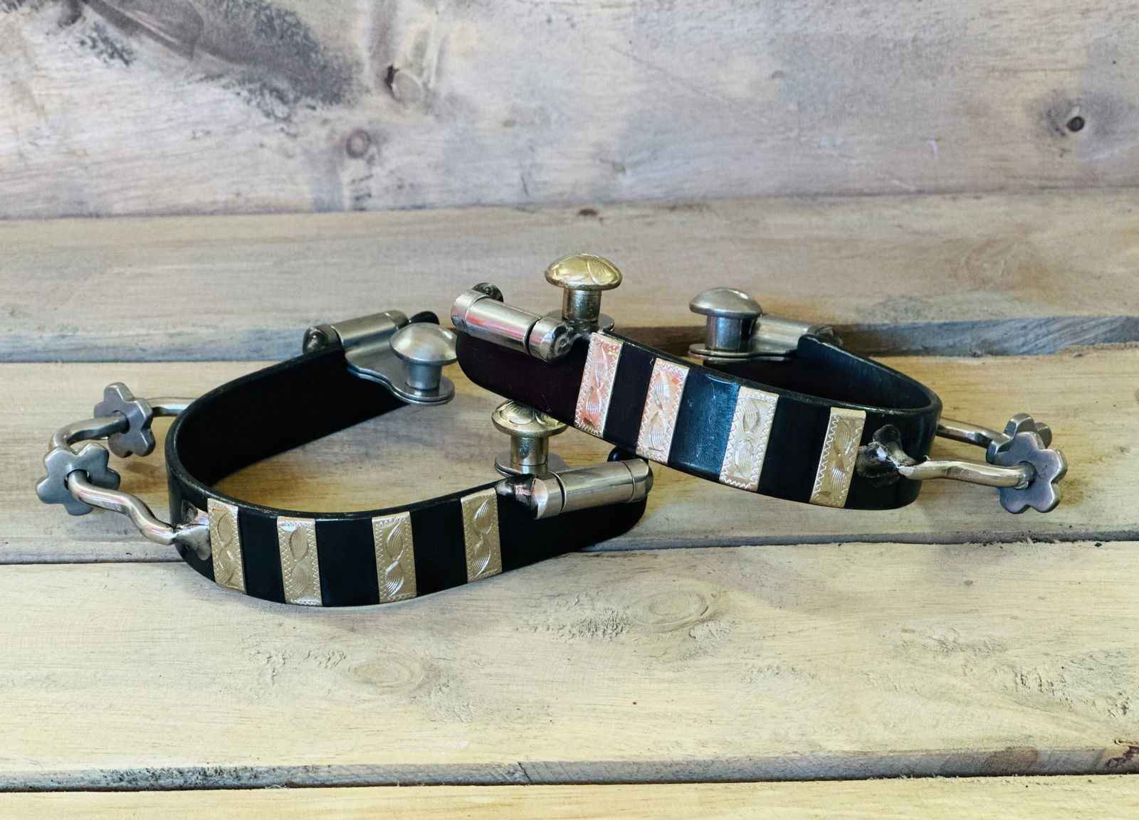 Bumper Spurs With Rowels & Silver Striped Overlay - Dustybutts Australia