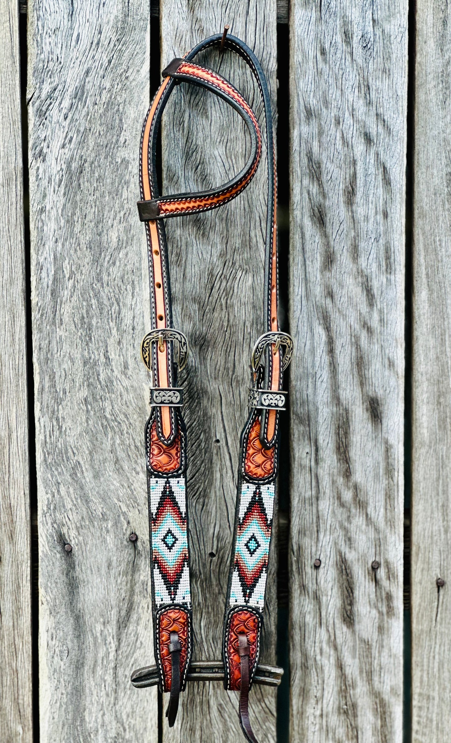 Two Tone Argentina Cow Leather One Ear Bridle with Southwest Beaded Inlays