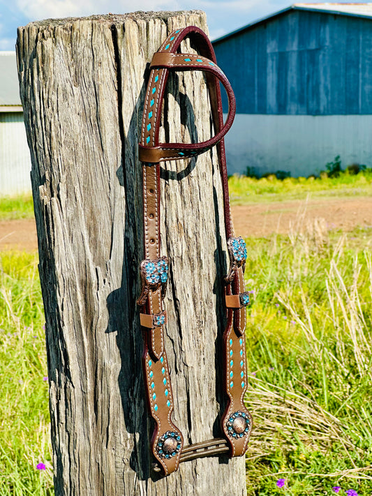 Dustybutts Leather One Eared Bridle With Turquoise Buckstitch - Dark Oil