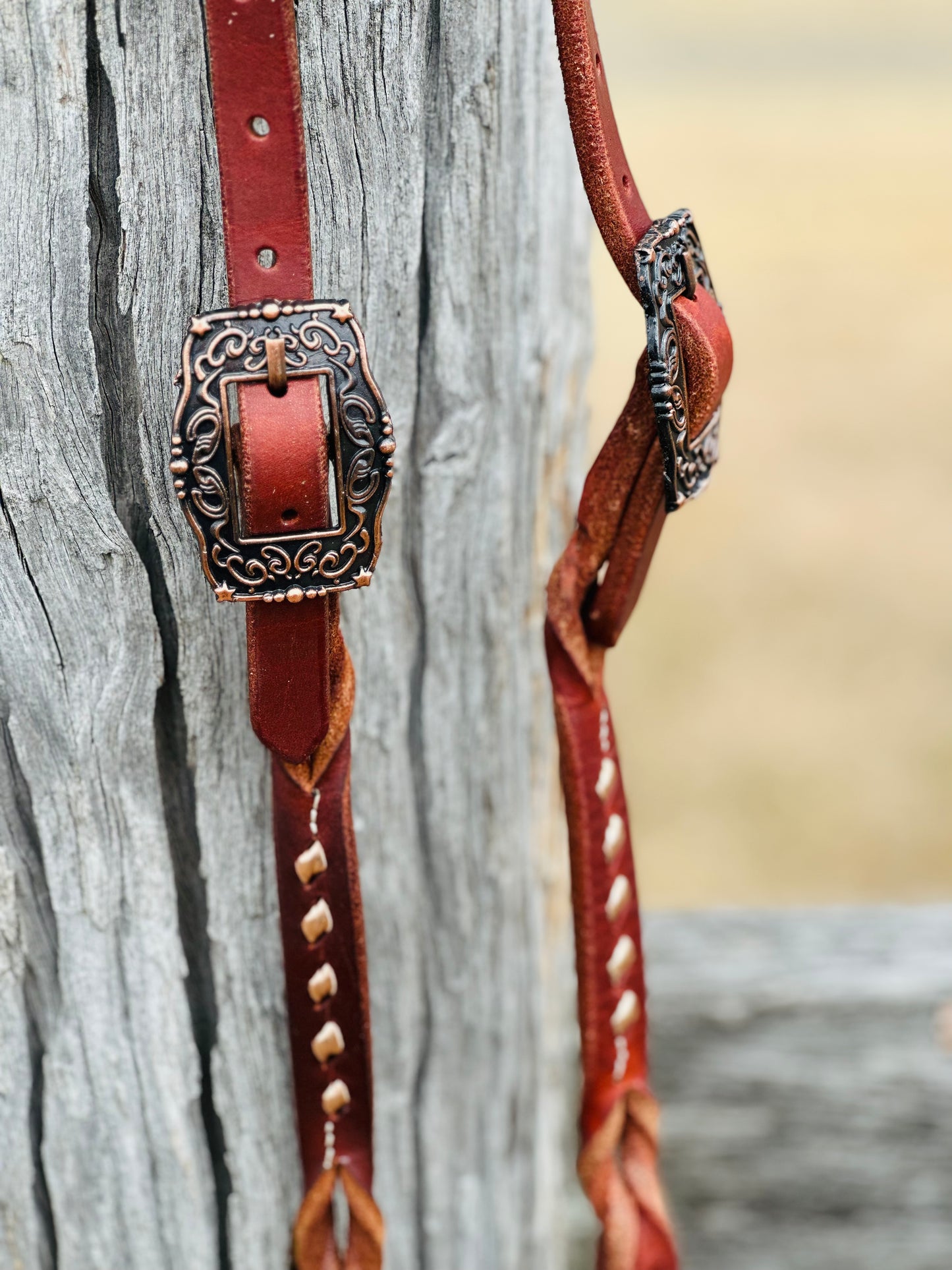 Harness Leather Buckstitch And Bloodknot One Eared Bridle - Metallic Rose Gold