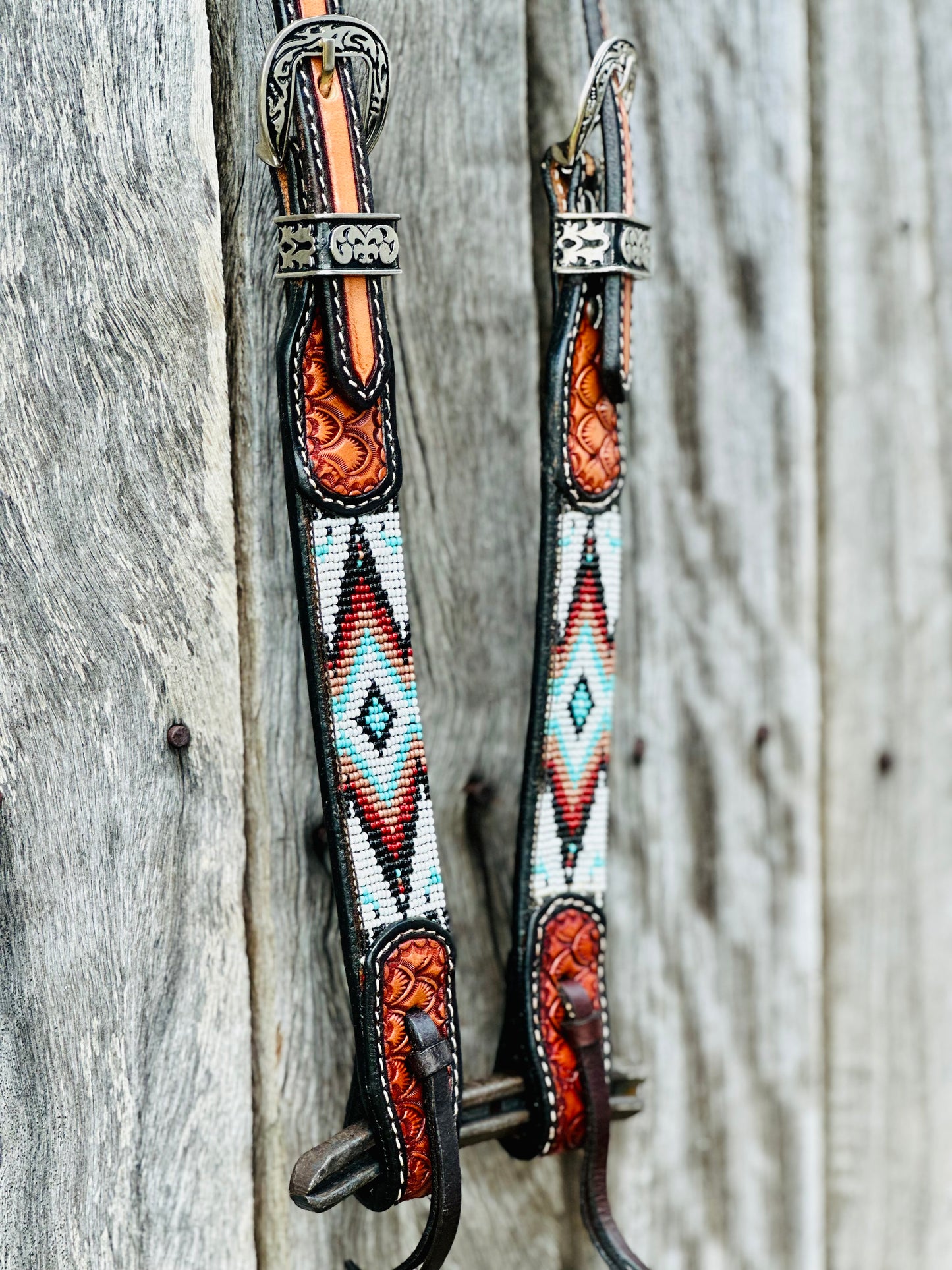 Two Tone Argentina Cow Leather One Ear Bridle with Southwest Beaded Inlays