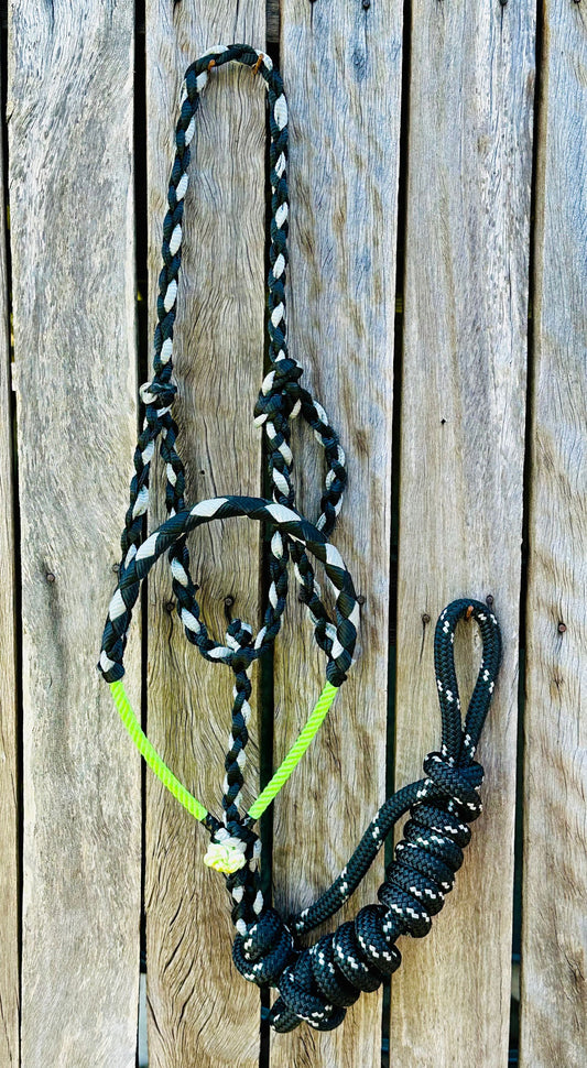 Cowboy Halter With Lariat Noseband & 8ft Yacht Rope  Lead - Black & Grey - Halters - Dustybutts Australia