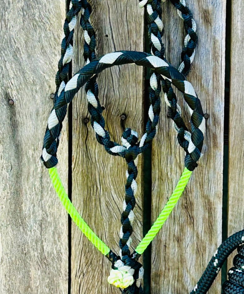 Cowboy Halter With Lariat Noseband & 8ft Yacht Rope  Lead - Black & Grey -  - Dustybutts Australia