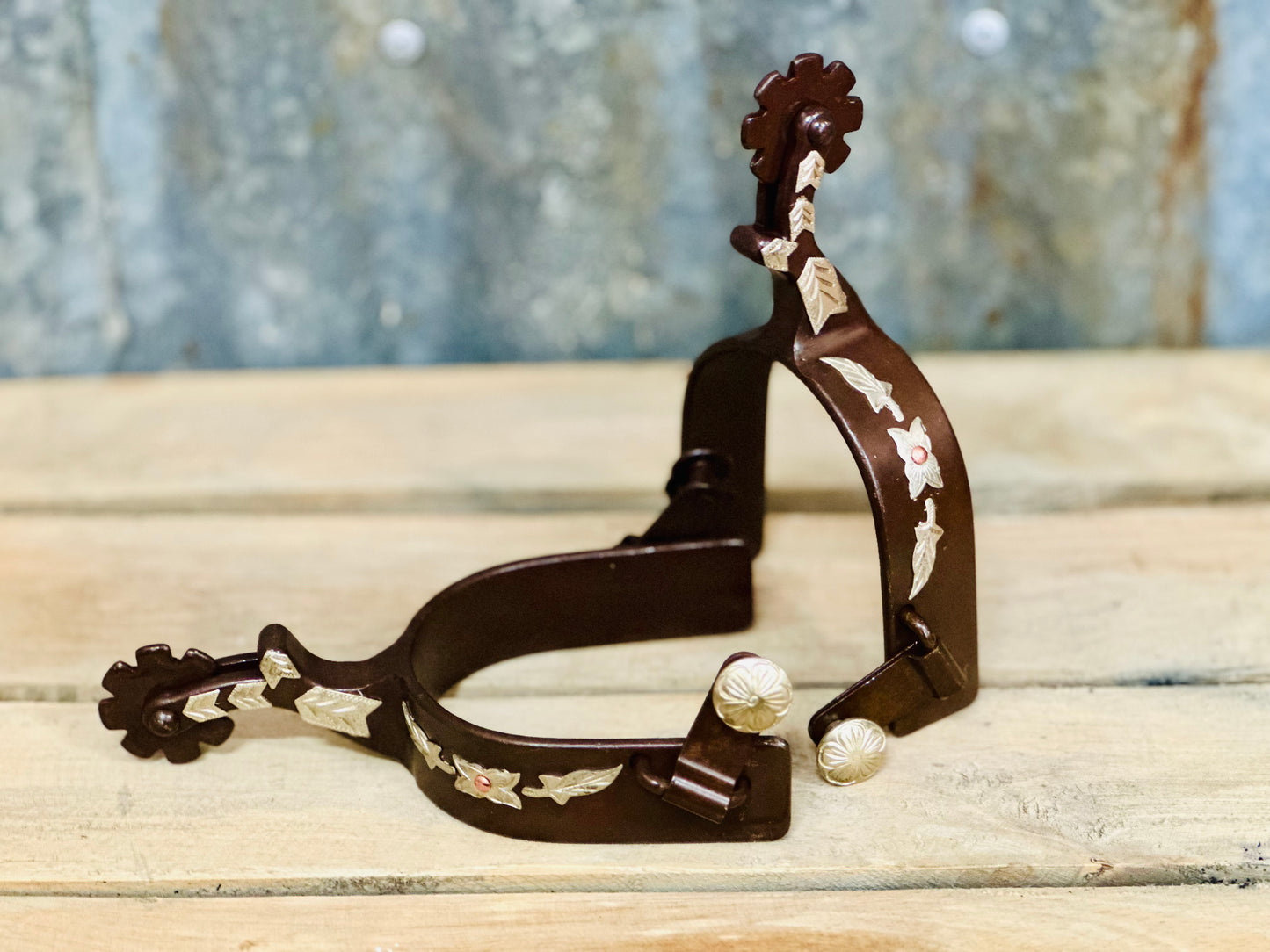 Antique Brown Engraved Spur with Silver Arrow Overlay
