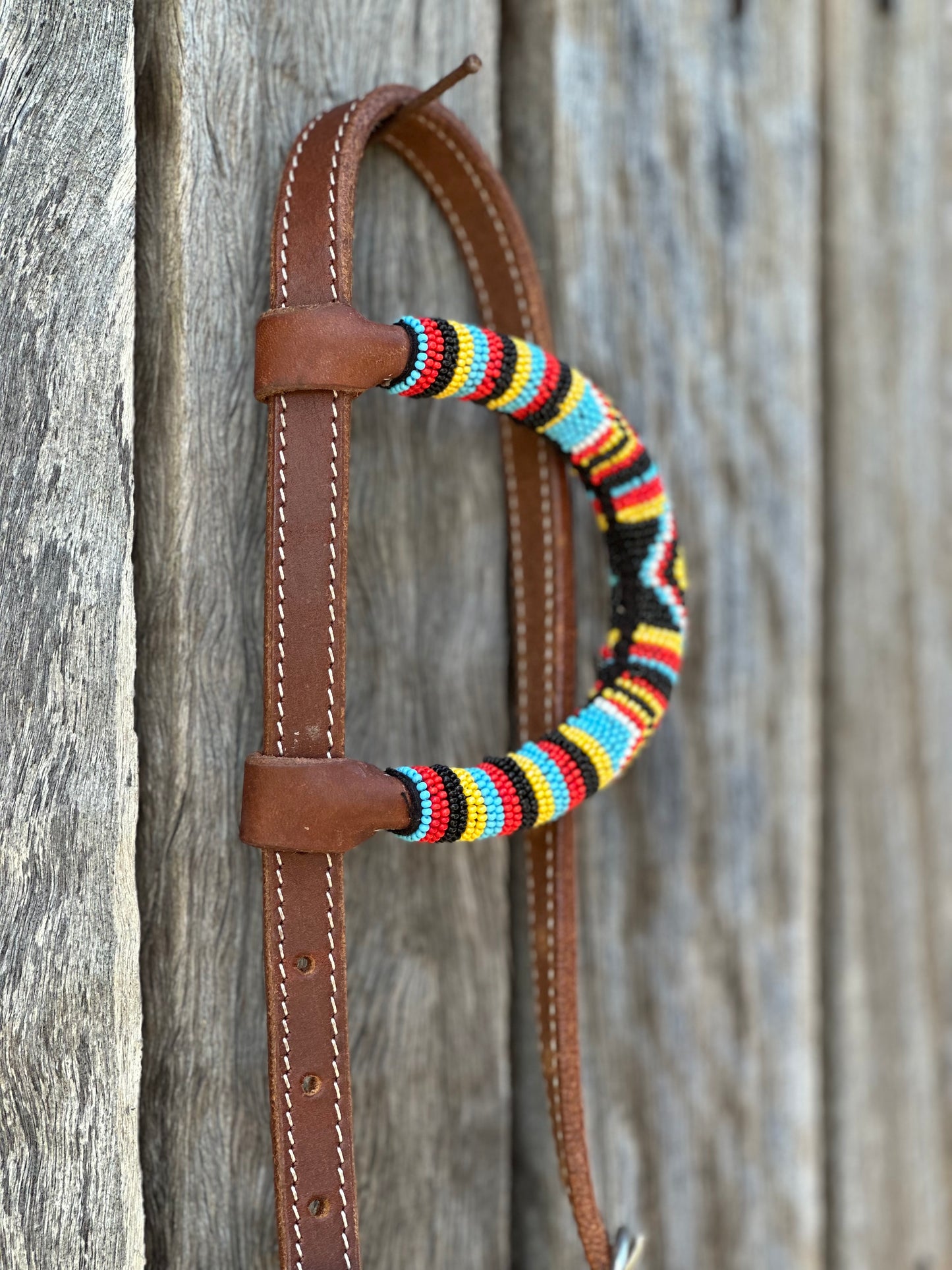 Harness Leather One Eared Beaded Bridle With Southwest Design