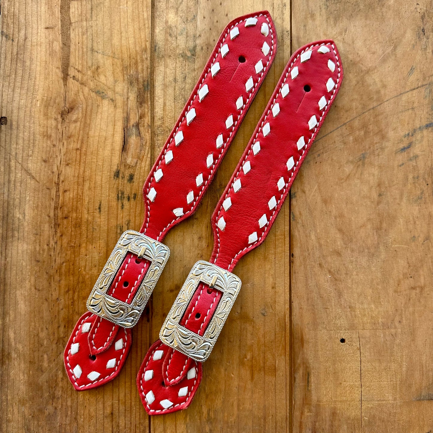 Red Leather Spur Straps With White Buckstitch