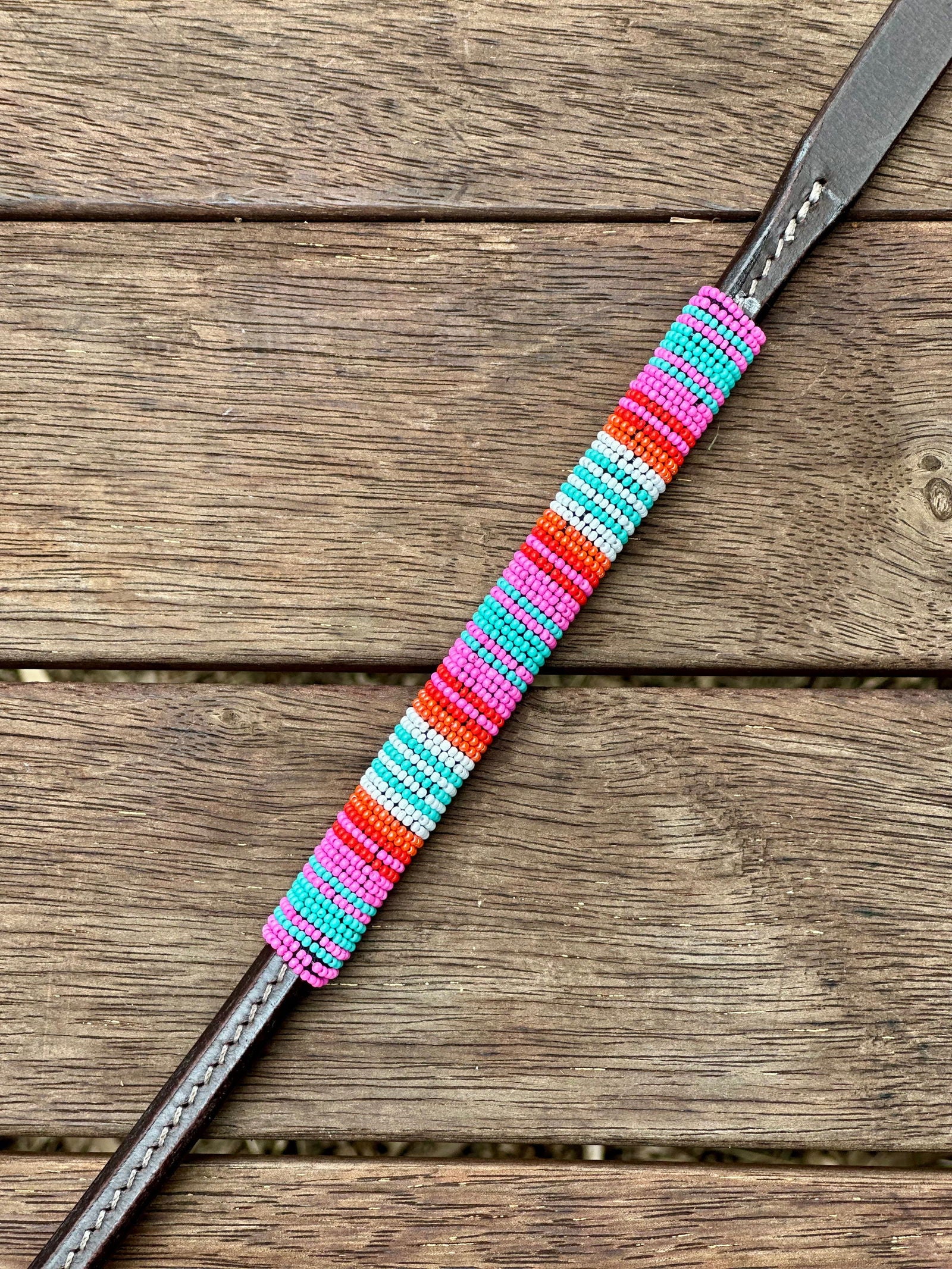 Dustybutts Beaded Rolled Harness Leather Quirt / Pink Serape - Dustybutts Australia