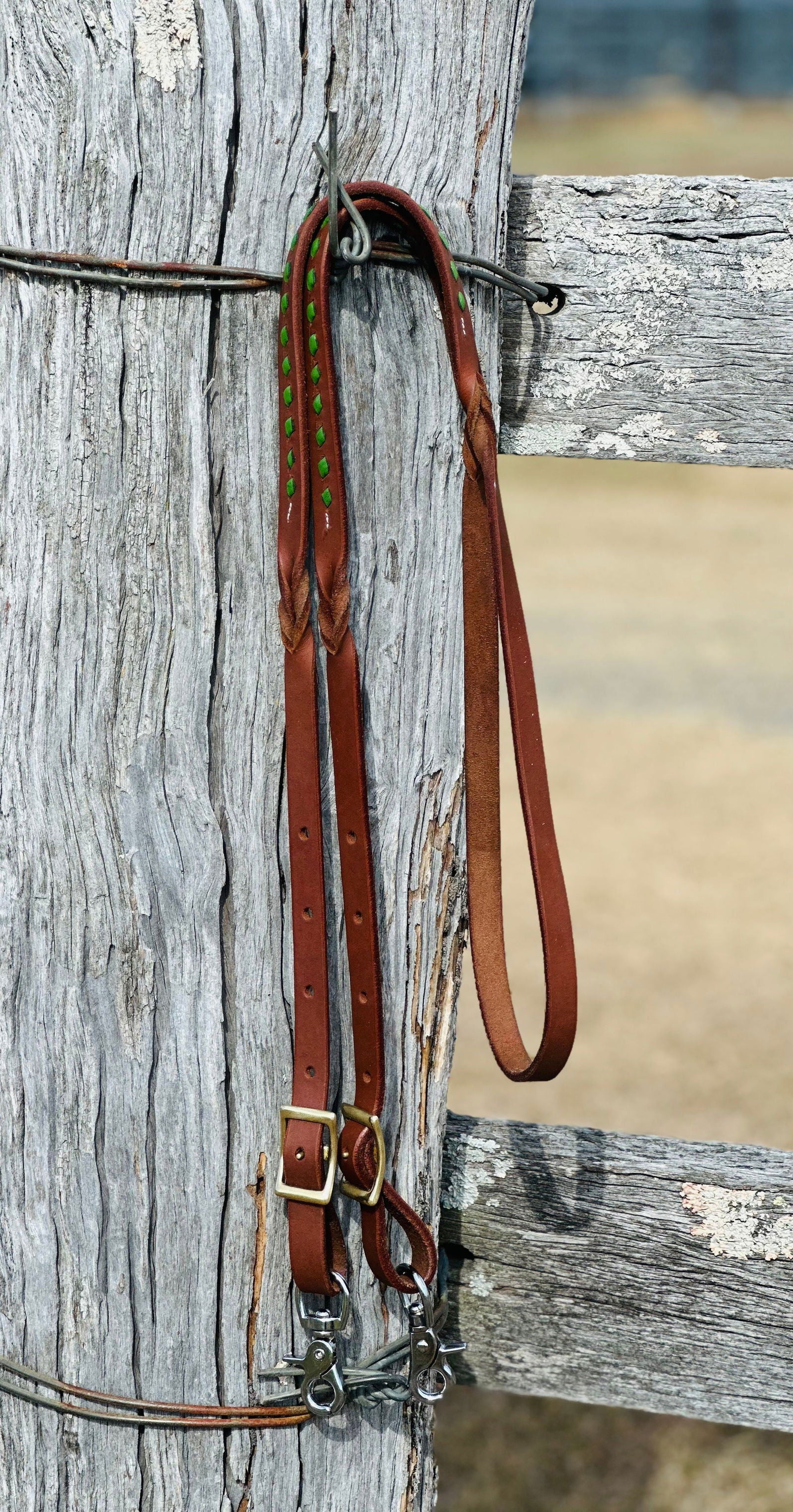 Dustybutts Harness Leather Buckstitch And Bloodknot Barrel Racing Reins - Green - Dustybutts Australia
