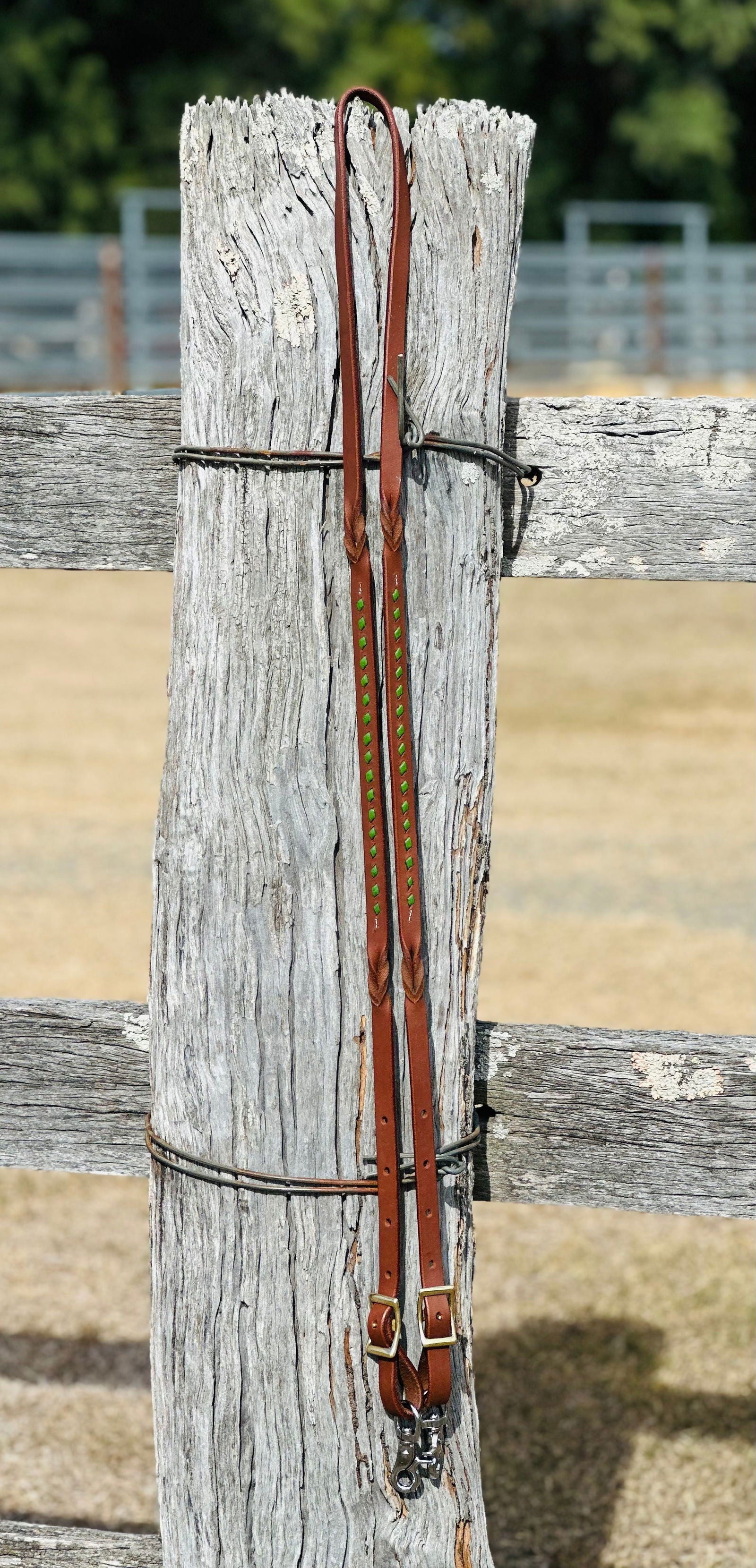 Dustybutts Harness Leather Buckstitch And Bloodknot Barrel Racing Reins - Green - Dustybutts Australia