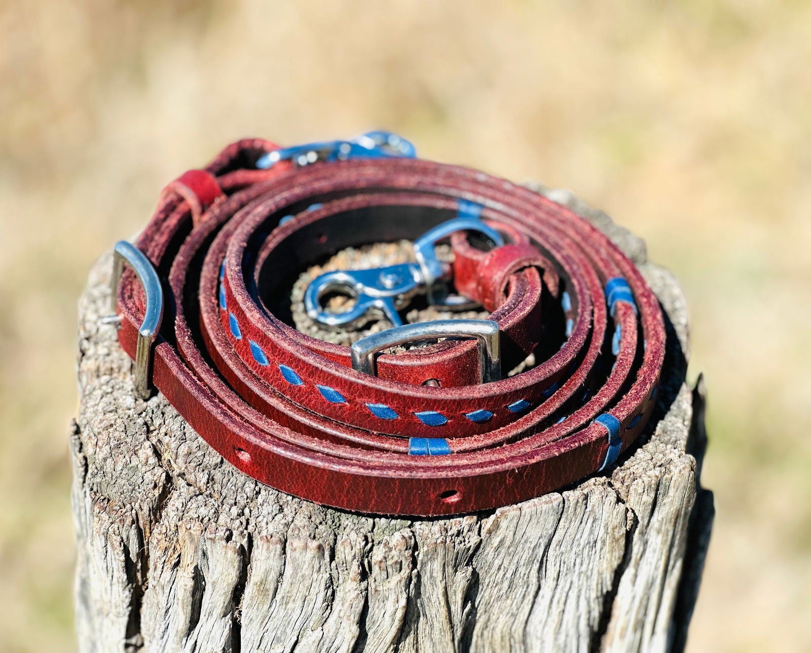 Dustybutts Harness Leather Buckstitch Barrel Racing / Roping Reins - Dark Blue - Dustybutts Australia