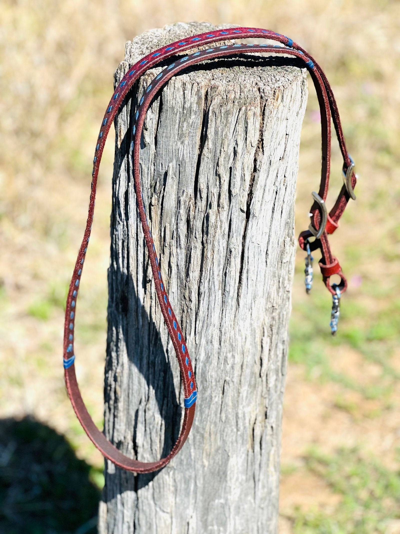 Dustybutts Harness Leather Buckstitch Barrel Racing / Roping Reins - Dark Blue - Dustybutts Australia
