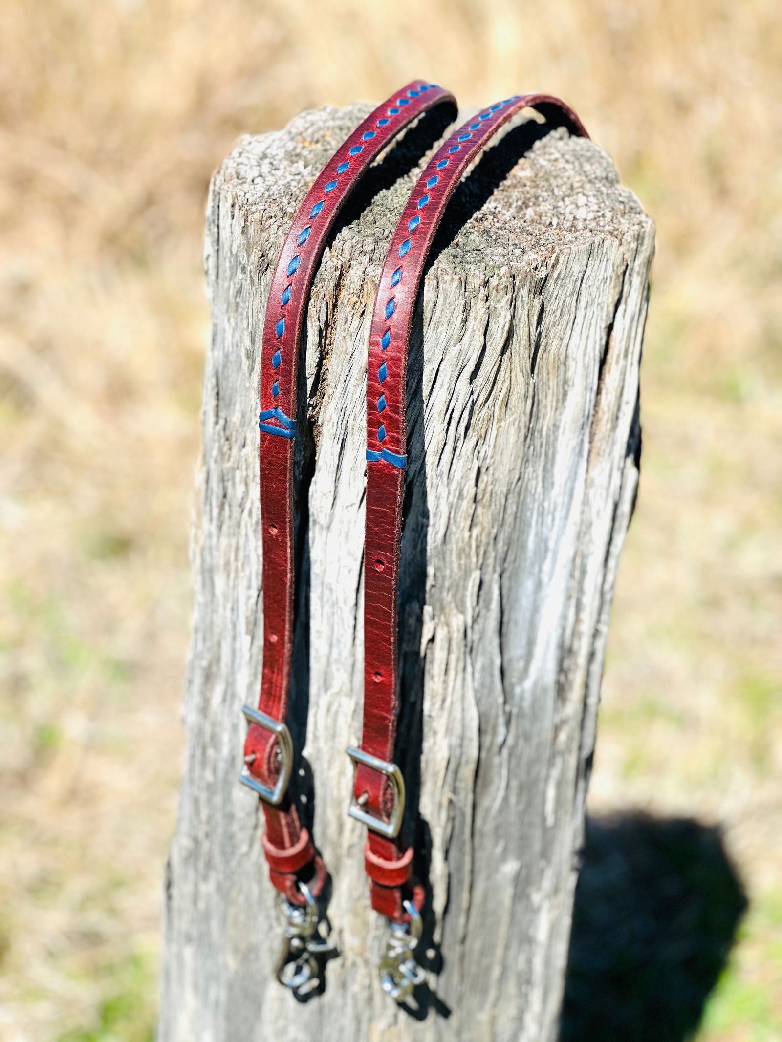 Dustybutts Harness Leather Buckstitch Barrel Racing / Roping Reins - Dark Blue - Dustybutts Australia