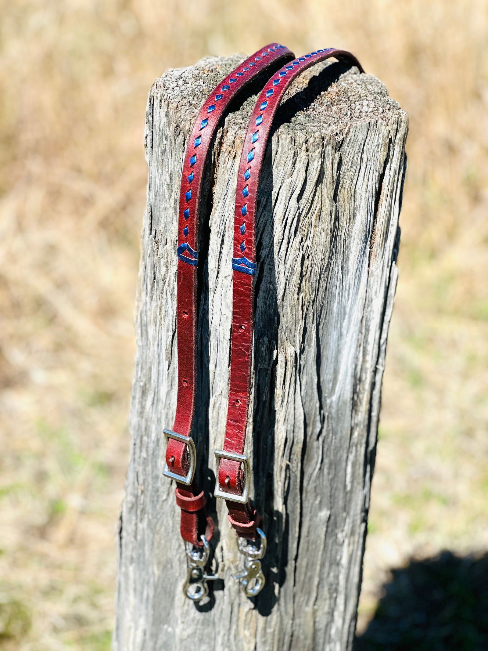 Dustybutts Harness Leather Buckstitch Barrel Racing / Roping Reins - Metallic Blue -  - Dustybutts Australia