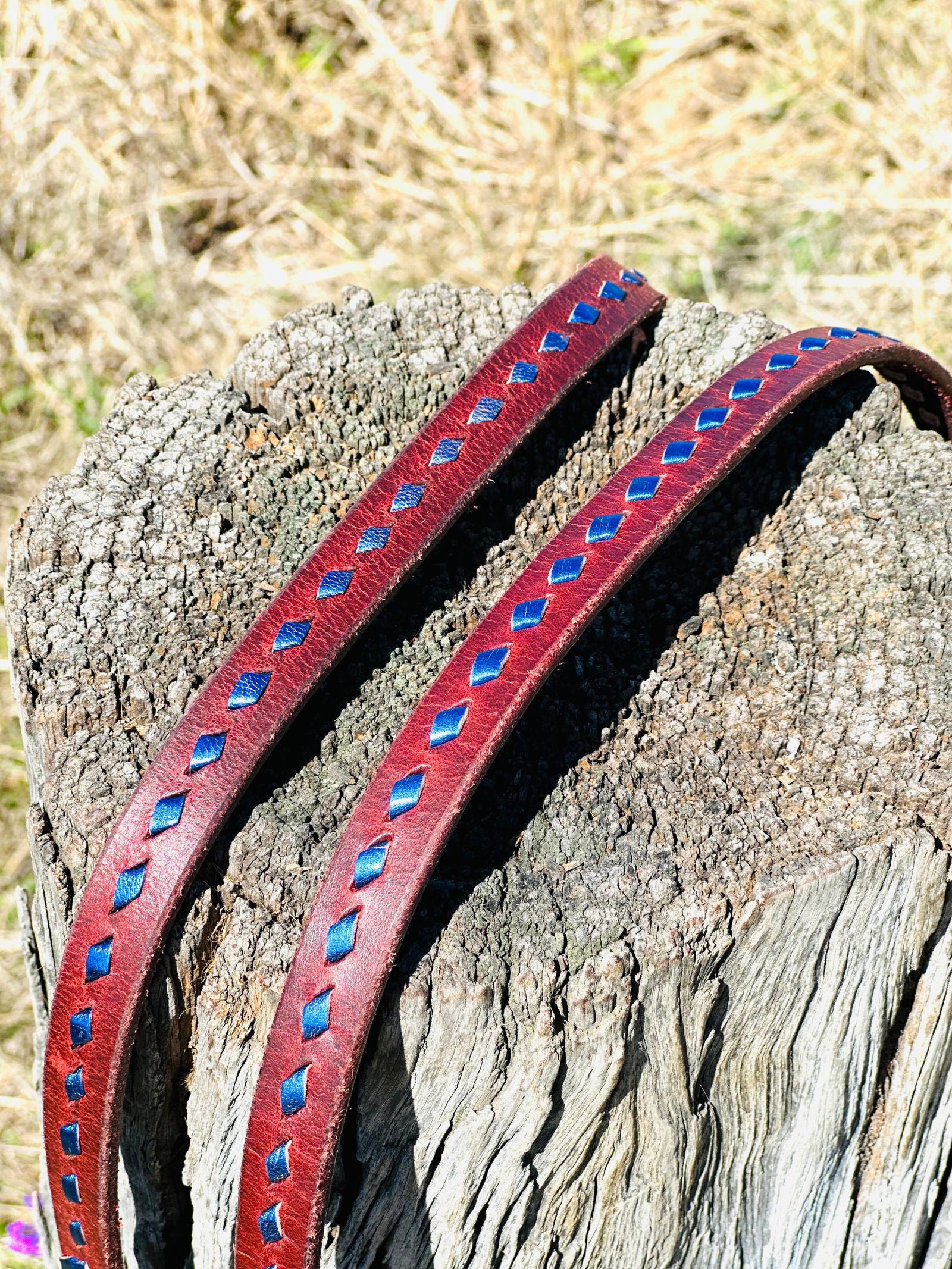 Dustybutts Harness Leather Buckstitch Barrel Racing / Roping Reins - Metallic Blue -  - Dustybutts Australia