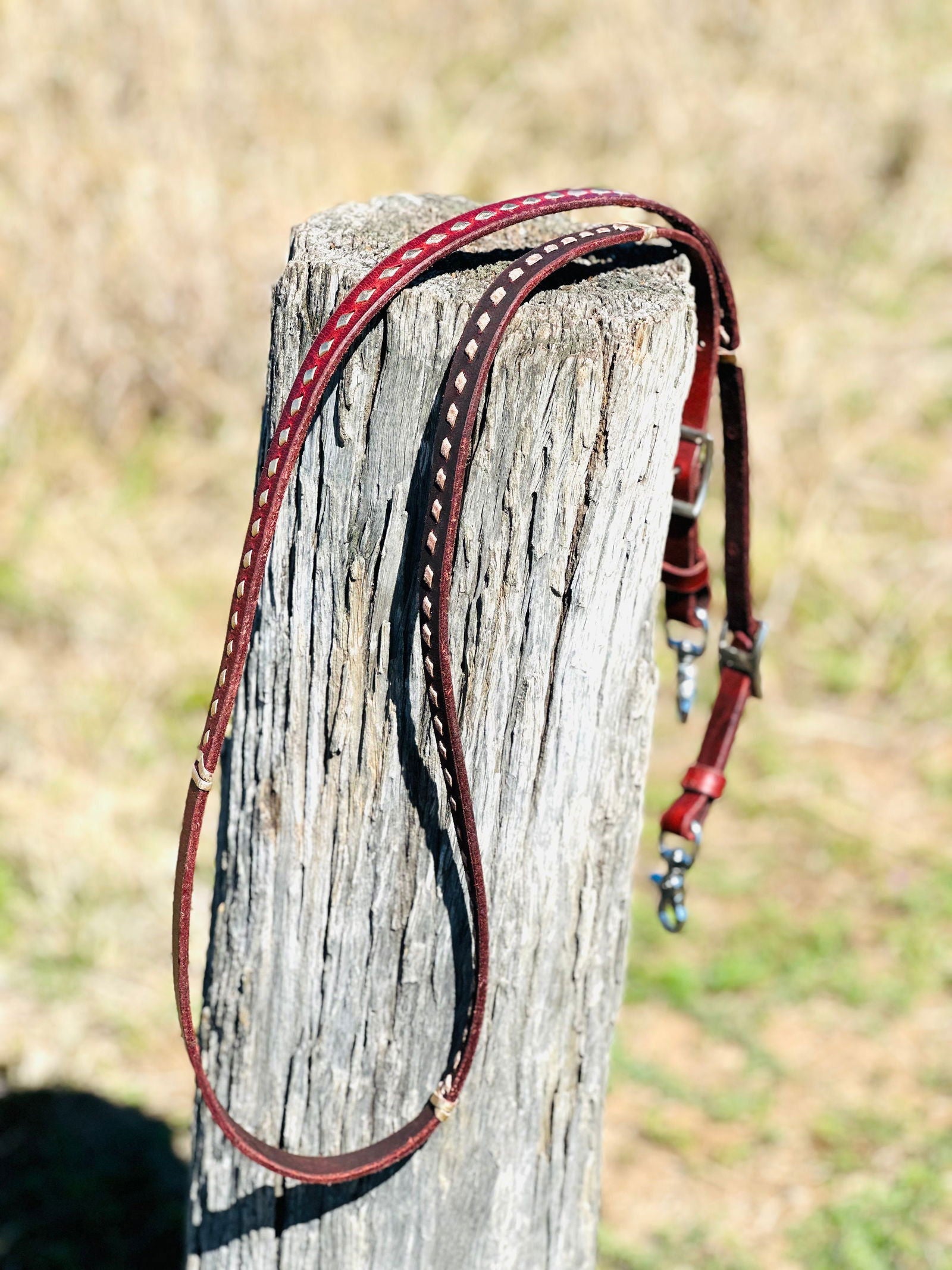 Dustybutts Harness Leather Buckstitch Barrel Racing / Roping Reins - Metallic Gold - Dustybutts Australia