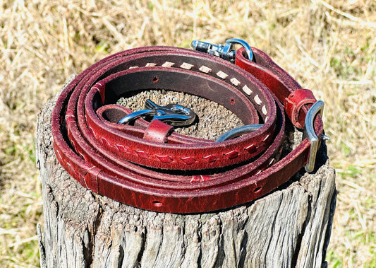 Dustybutts Harness Leather Buckstitch Barrel Racing / Roping Reins - Metallic Red -  - Dustybutts Australia