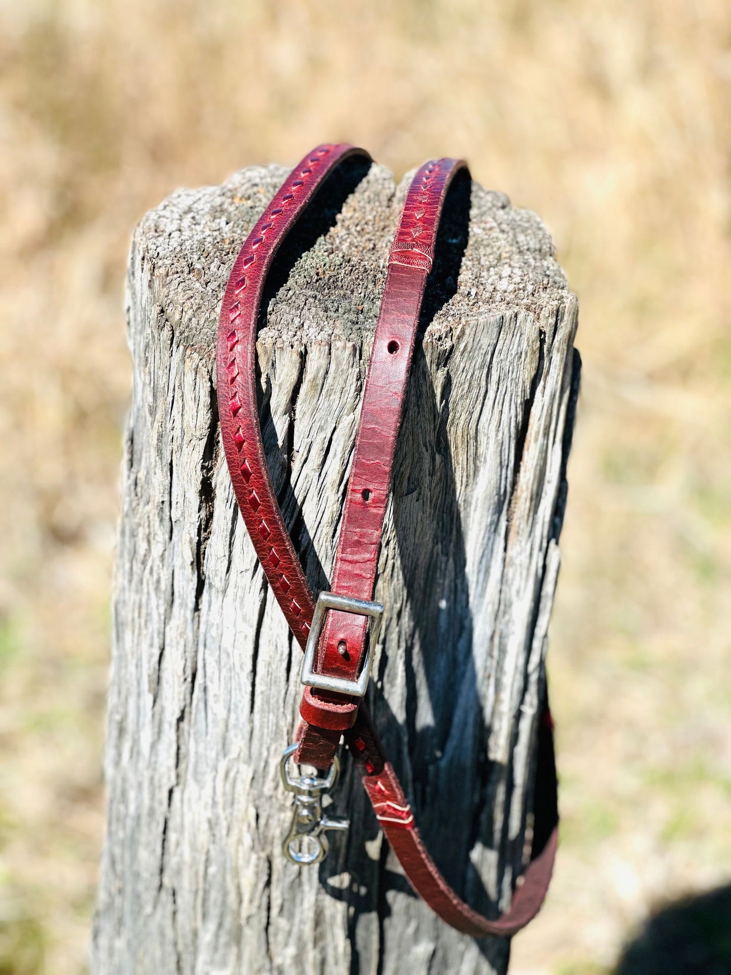 Dustybutts Harness Leather Buckstitch Barrel Racing / Roping Reins - Metallic Red -  - Dustybutts Australia