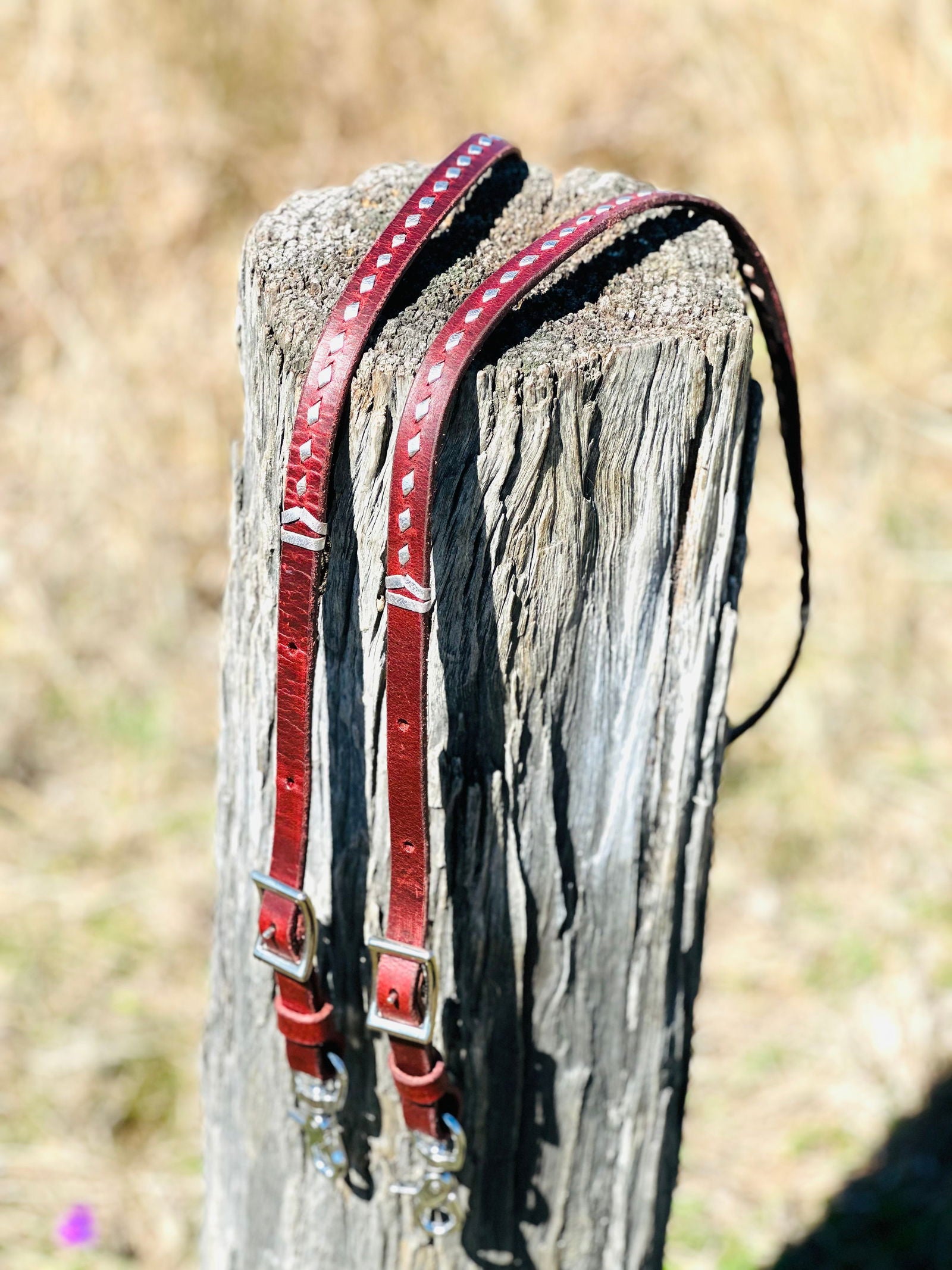 Dustybutts Harness Leather Buckstitch Barrel Racing / Roping Reins - Metallic Silver -  - Dustybutts Australia