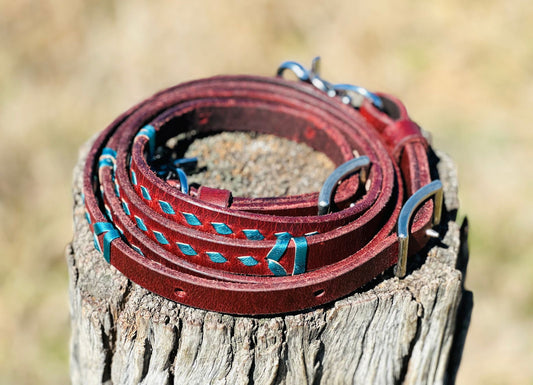 Dustybutts Harness Leather Buckstitch Barrel Racing / Roping Reins - Metallic Turquoise -  - Dustybutts Australia