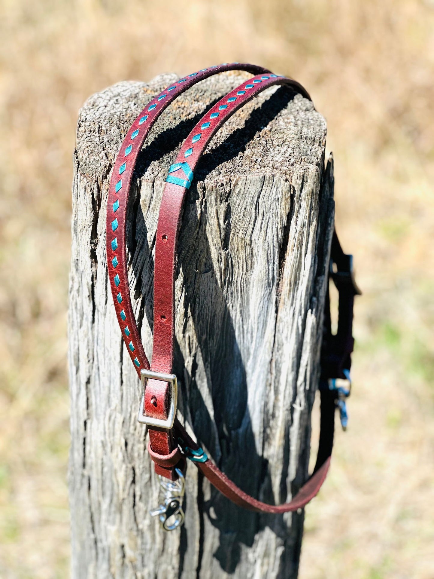 Dustybutts Harness Leather Buckstitch Barrel Racing / Roping Reins - Metallic Turquoise -  - Dustybutts Australia