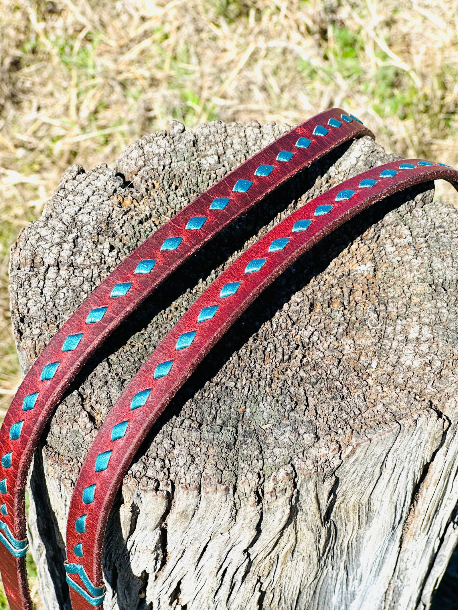 Dustybutts Harness Leather Buckstitch Barrel Racing / Roping Reins - Metallic Turquoise -  - Dustybutts Australia