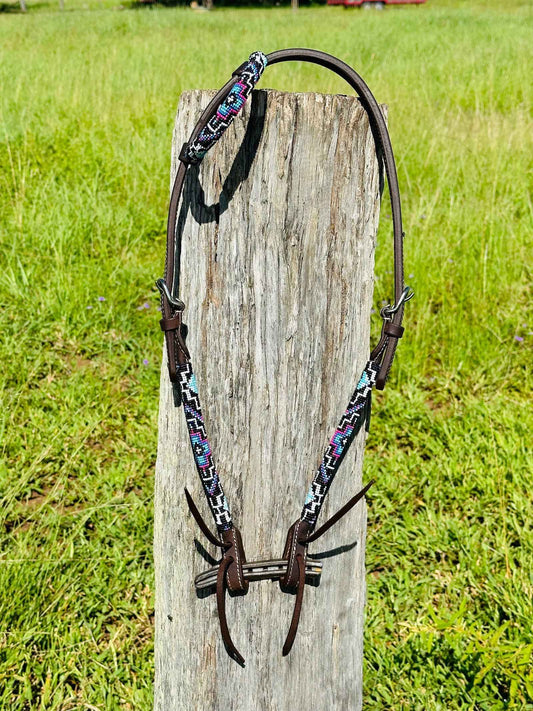 Dustybutts Harness Leather One Eared Beaded Bridle // Teal, Pink, White & Black - Dustybutts Australia
