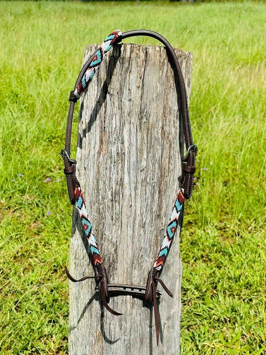 Dustybutts Harness Leather One Eared Beaded Bridle // Teal, Rust & White - Dustybutts Australia