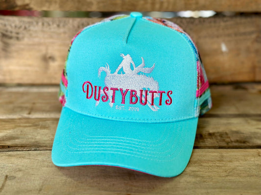 Dustybutts Trucker Cap // Ponytail // Turquoise With Cactus Print -  - Dustybutts Australia