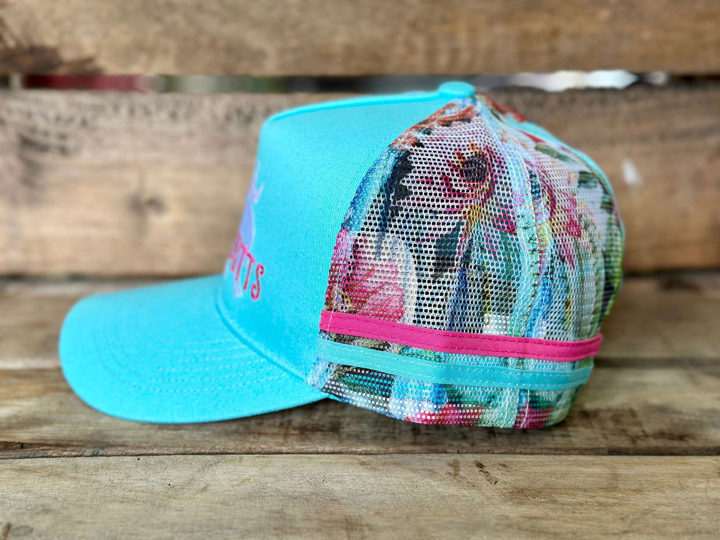 Dustybutts Trucker Cap // Ponytail // Turquoise With Cactus Print -  - Dustybutts Australia