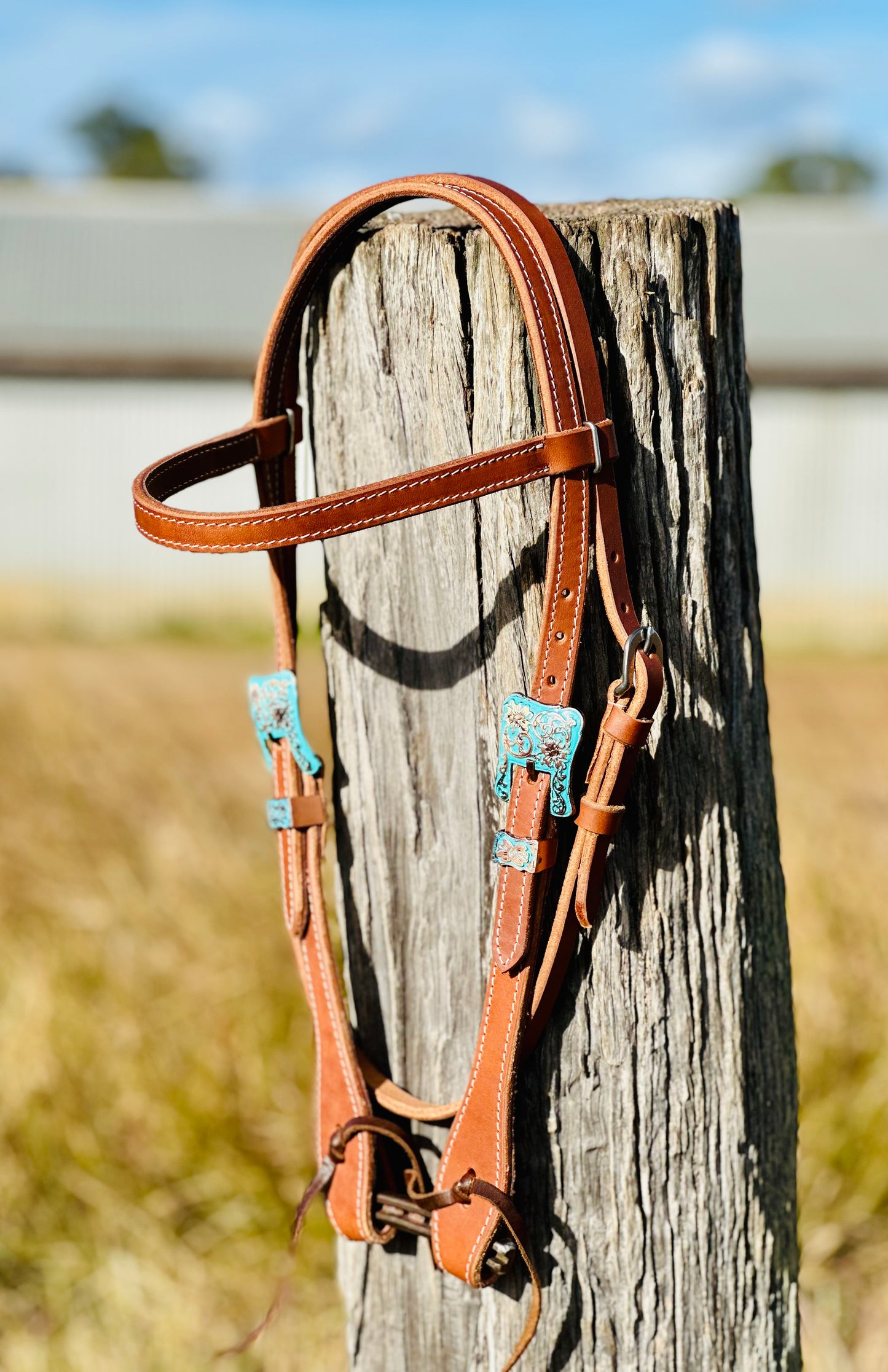 Dustybutts Browband Bridle With Antique Teal Floral Buckle Design// Medium Oil