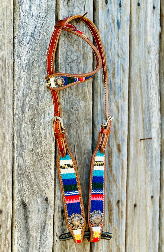 Harness Leather One Eared Bridle With Serape Blanket Inlay