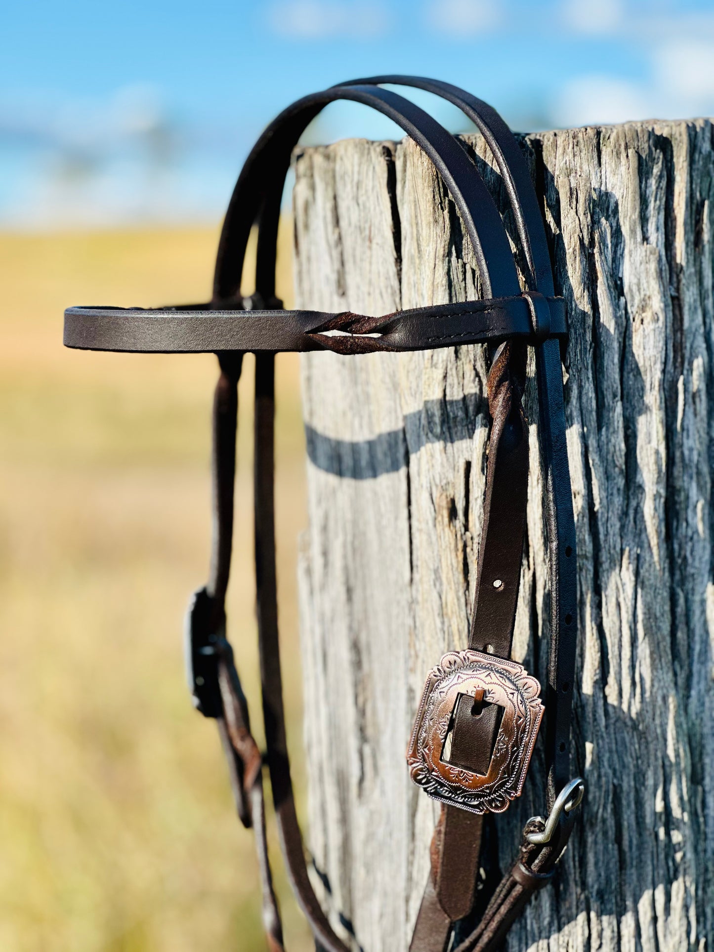 Harness Leather Bloodknot Browband Bridle With Copper Engraved Buckle